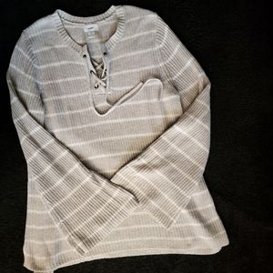 Old Navy Khaki Striped Cable Bell Sleeve Sweater